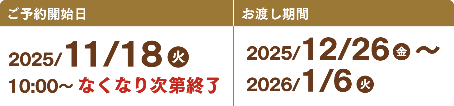 ご予約開始日 2025年11月18日(火)10時からなくなり次第終了、お渡し期間 2025年12月26日(金)から2026年1月6日(火)まで