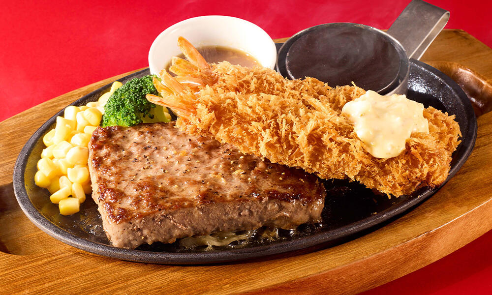 ビーフハンバーグステーキ 海老フライ